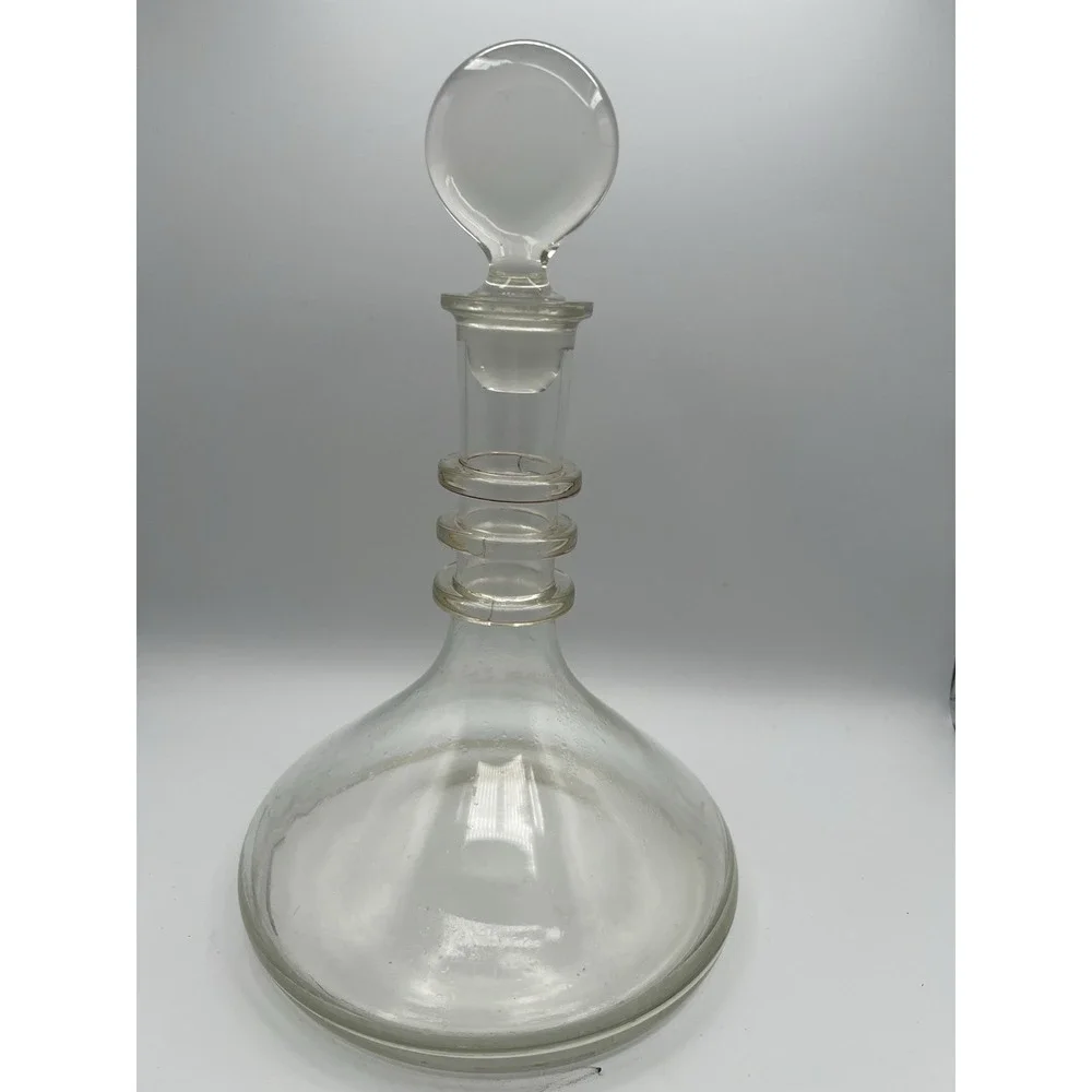 Clear Glass Ship's Ring Decanter Liquor Wine Whiskey Stopper Wide‎ Bottom VTG AC